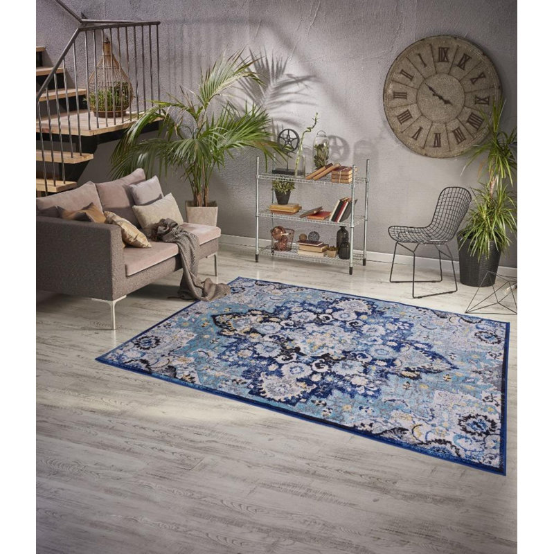 Tapis décoratif bleu oriental oriental villines, Rectangle 9 pi x 12 pi