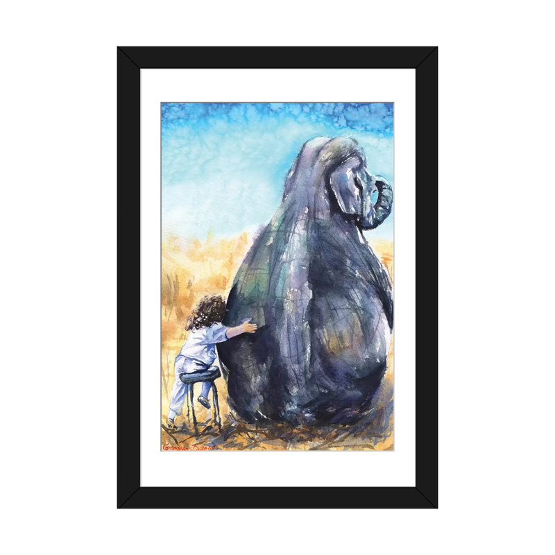 «Child with Elephant» par George Dyachenko - Giclée sur toile tendue avec châssis, Papier d'art encadré noir, Blanc
