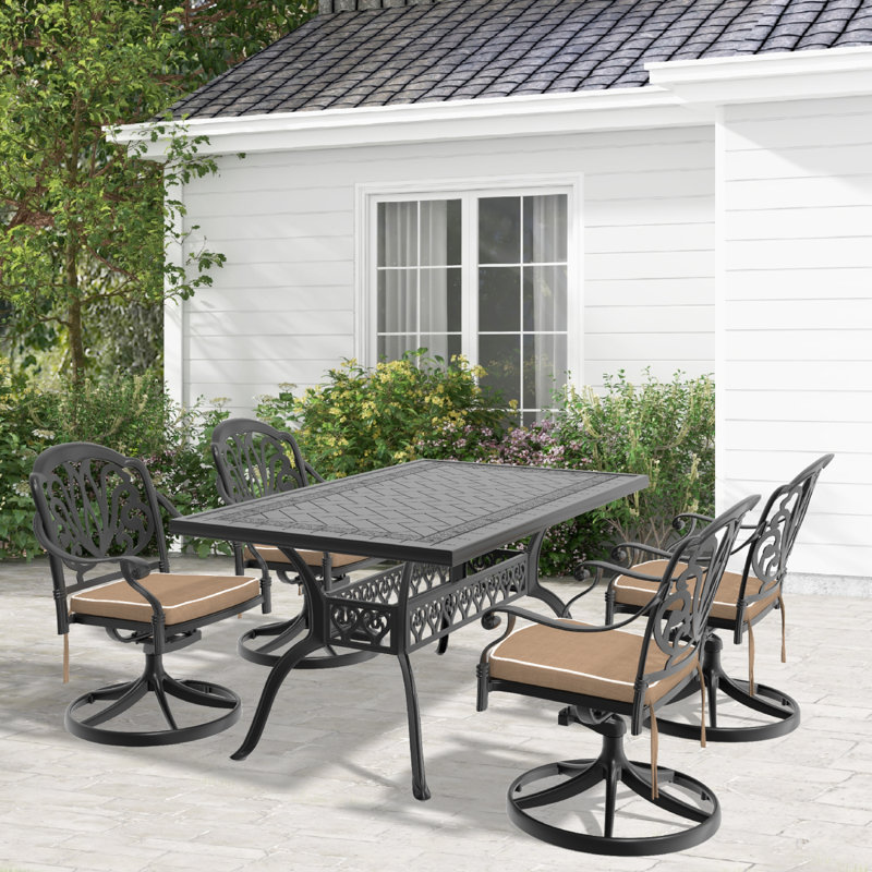 Ensemble de salle à manger 5 pièces en aluminium coulé résistant aux intempéries, comprenant 4 chaises pivotantes et une table rectangulaire avec cadre