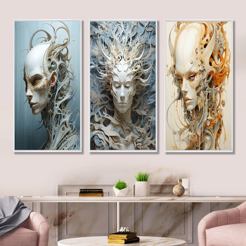 Mythique créature extraterrestre, ensemble de 3 reproductions d'art sur toile, Cadre flottant blanc, H 28 po x l 36 po