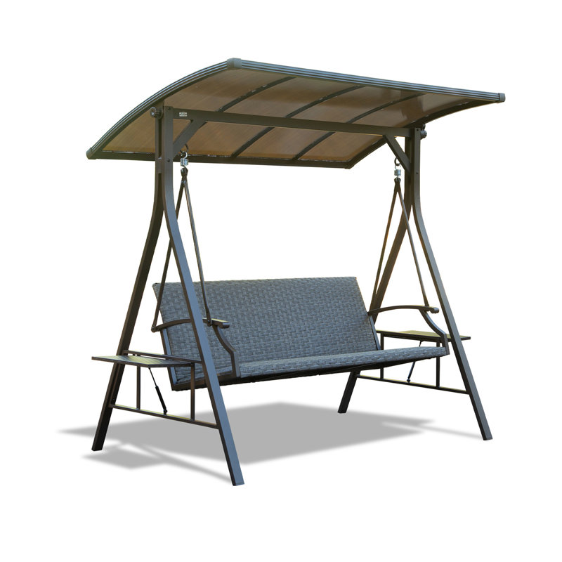 Balancelle d'extérieur 3 places avec toit rigide et table d'appoint réglables en polycarbonate