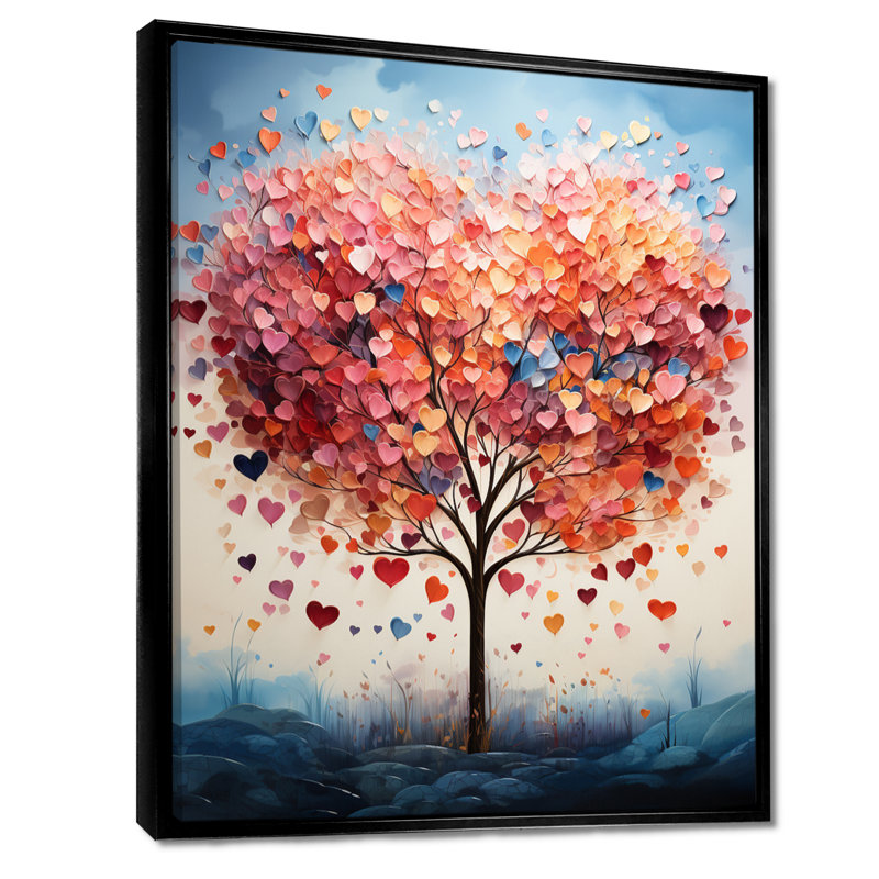 «Blossoming Pink Heart Tree», art mural floral, H 20 po x l 12 po, Cadre flottant noir, bois massif