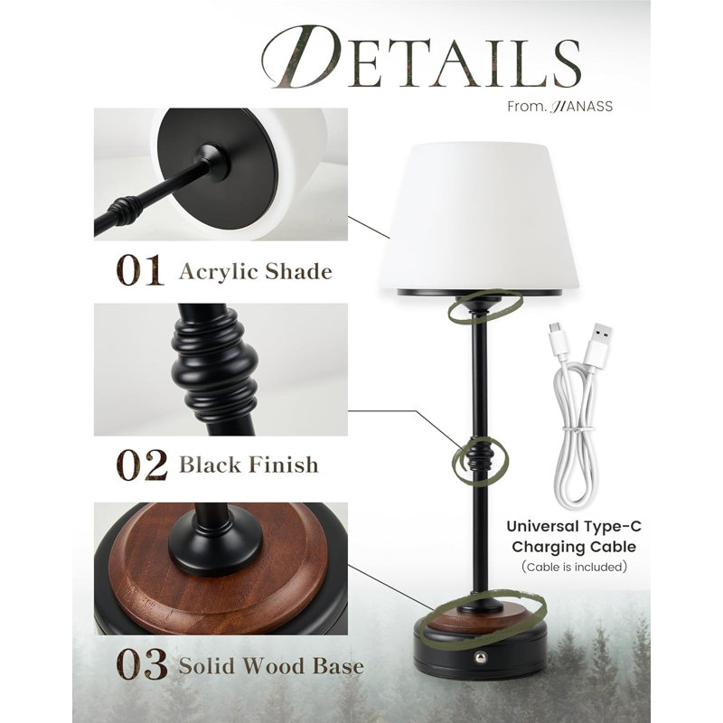 Cordless Dimmable LED Table Lamps With Rechargeable Battery - Set Of 2, Wood Base, 3 Brightness Levels