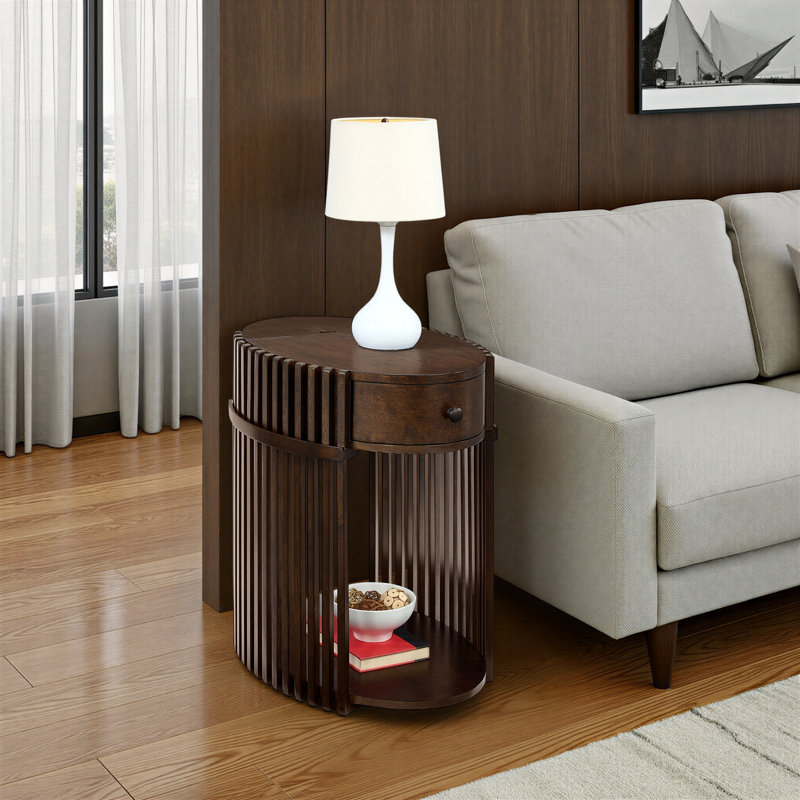 Estie Wood Slatted Chairside End Table With Charging Station, Espresso