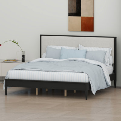 Mid-Century Modern Platform Bed Frame with Tapered Legs and Chunky Tweed Upholstered Headboard