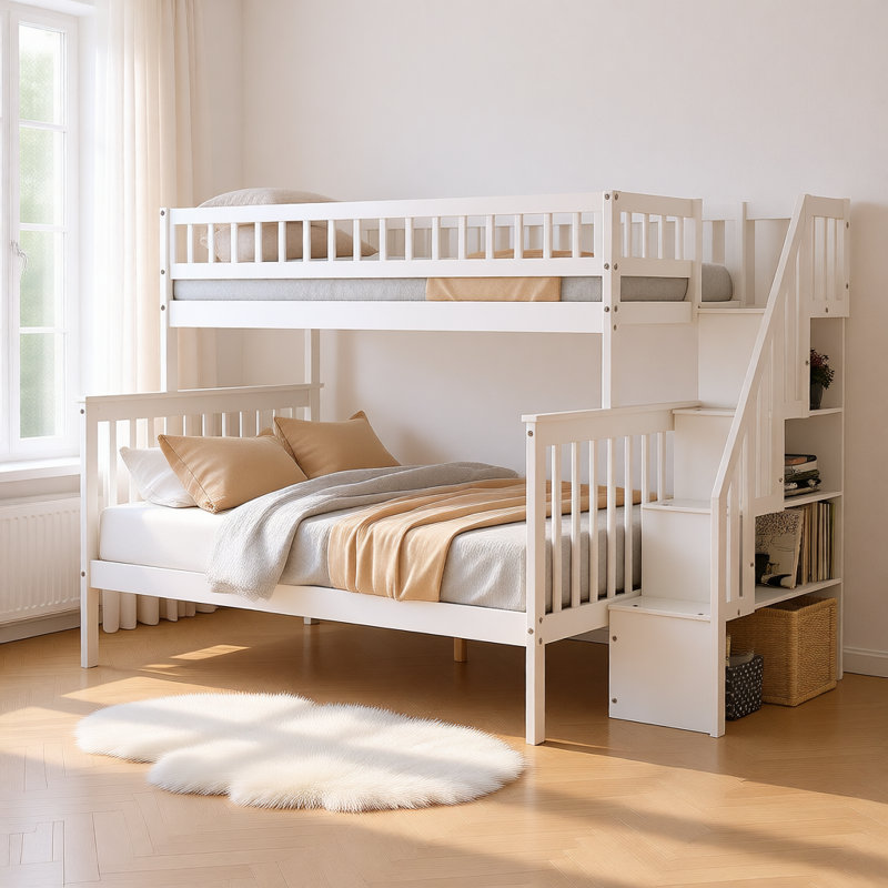 Lit superposé simple au dessus d'un escalier double avec rangement et tablettes, convertible en deux lits séparés, structure en bois massif