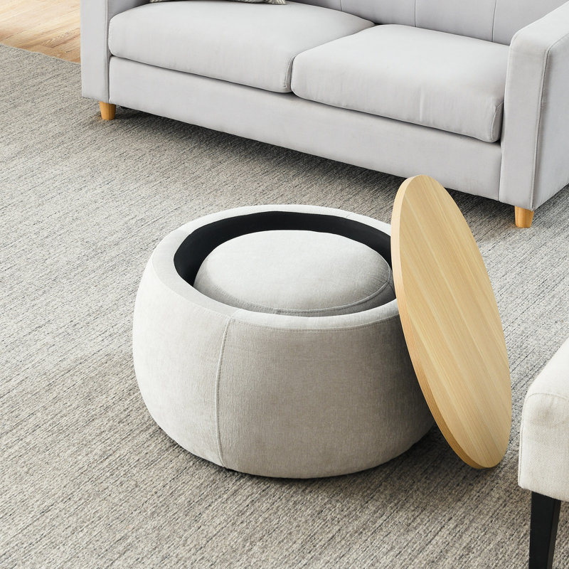 Round Storage Ottoman, 2 In 1 Function, Work As End Table And Ottoman,With Small Seat (25"X25"X14.7")