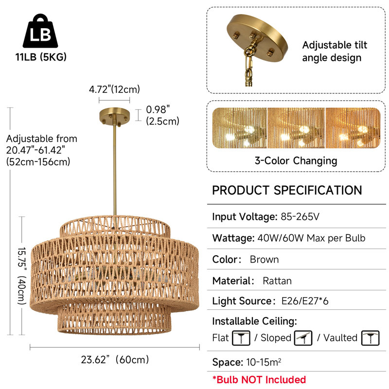 Boho Rattan Chandelier Light Fixture