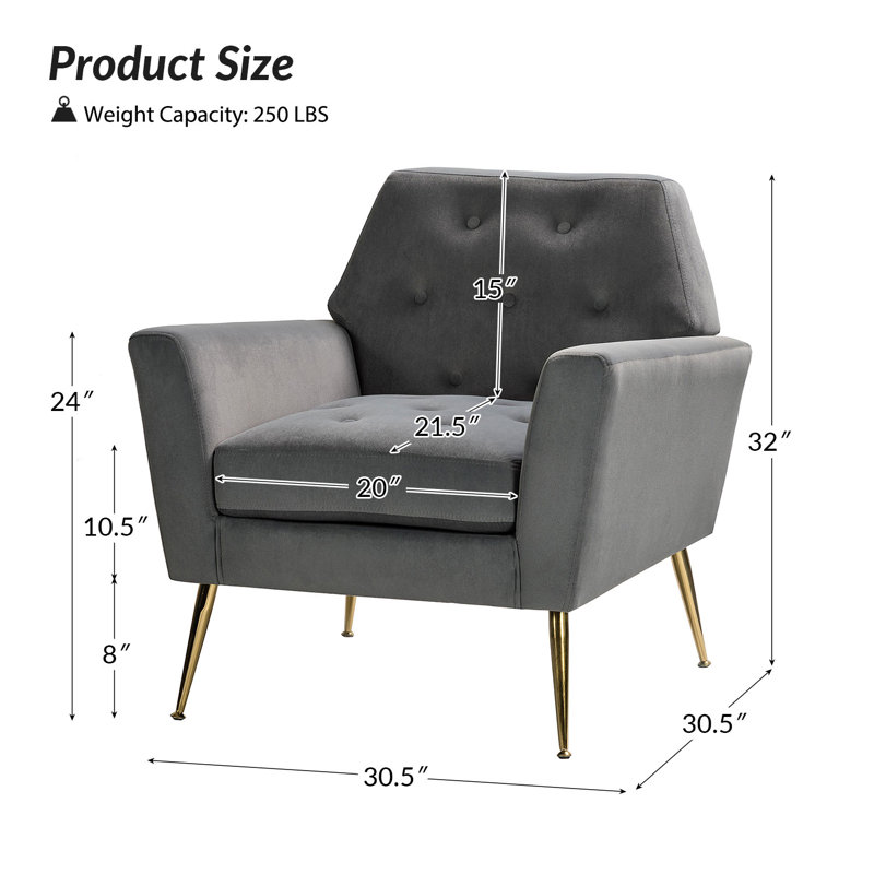 Thaddeus Velvet Upholstered Accent Chair with Metal Base, Gray Velvet