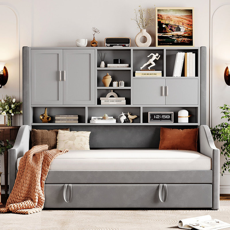 Lit de jour simple rembourré gris avec lumières d'accoudoirs à DEL, plusieurs espaces de rangement et un lit gigogne caché - revêtement en velours doux au toucher, éclairage de nuit, solution compacte peu encombrante
