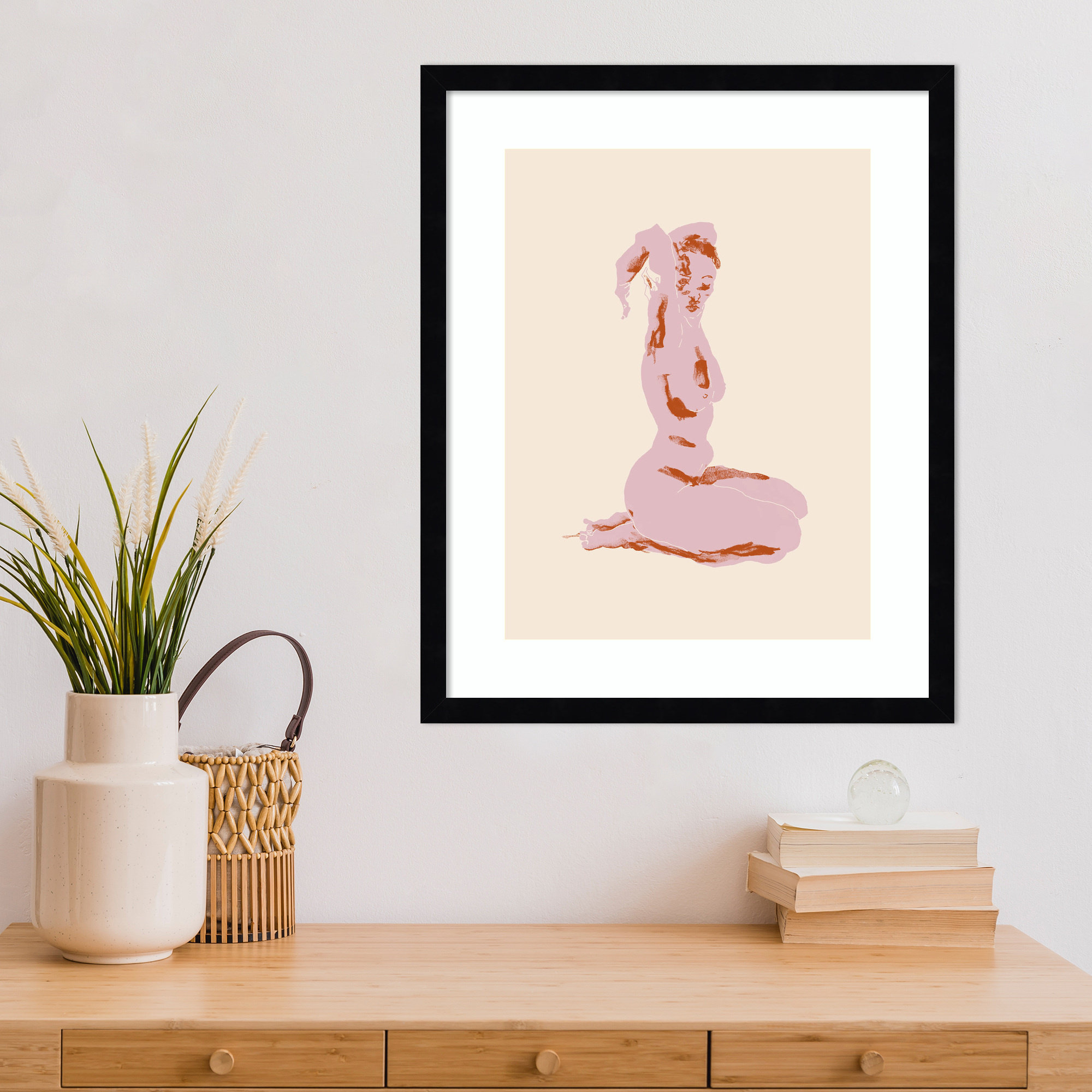 Nude With Arms Folded Over Her Head by Nantucket Wood Framed Wall Art Print, 21" H x 17" W, Black