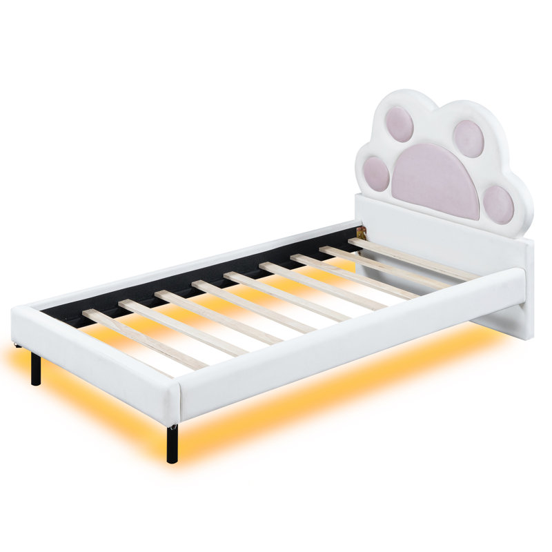 Lit plateforme simple tapissier avec tête de lit en forme de patte d'animal et DEL, rose