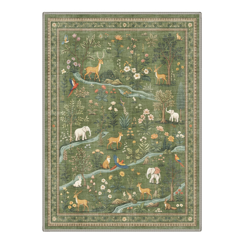 Fawnwood Rustic Machine Washable Green Indoor Area Rug with Non-Slip Backing, Round 5'