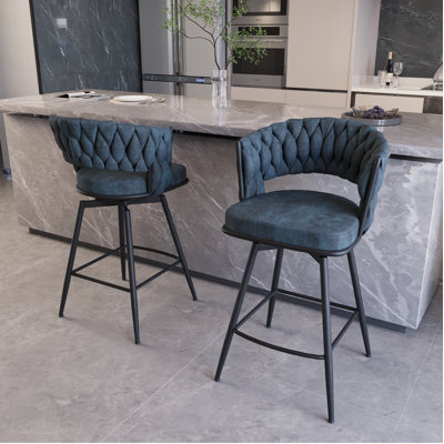 Bar Chair Toweling Woven Bar Stool Set Of 2,Black Legs Barstools No Adjustable Kitchen Island Chairs,360 Swivel Bar Stools Upholstered Counter Stool A -  George Oliver, 8E004111FE1040FE9721894A85D40D0B