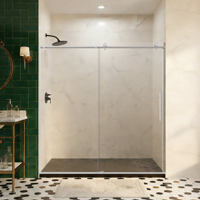 68–72" W X 76" H Frameless Single Sliding Shower Door, Matte Black Stainless Steel Round Bar, 3/8" (10Mm) SGCC Clear Tempered Glass, Reversible Installation, Heavy-Duty Design