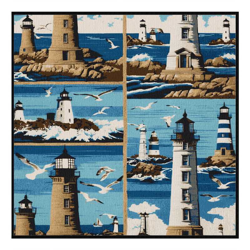 Washable Lighthouse Collection Coastal Area Rug, Square 3'