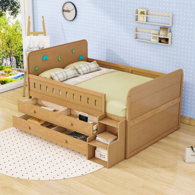 4 Drawers Full Wooden Bed With LED Light And Storage Staircase