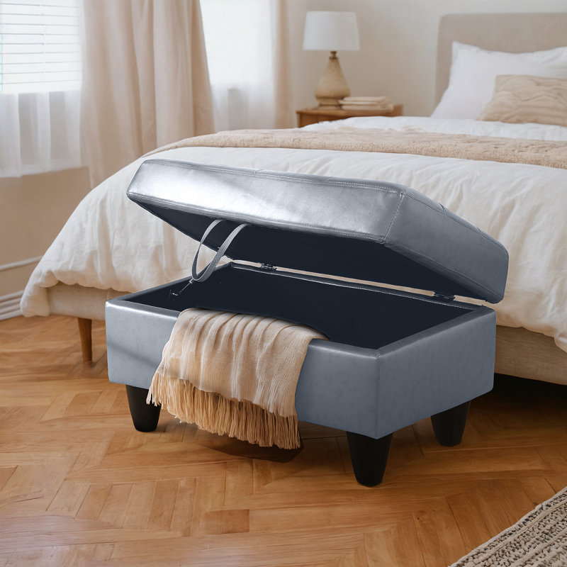 Repose-pied avec rangement en similicuir, Greyish Blue Faux Leather