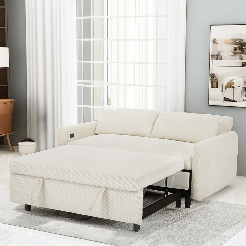 Isel 57'' Sofa Bed Sleeper Loveseat with USB Port and Two Pillows, Beige Corduroy