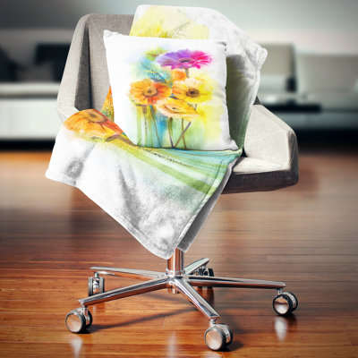 Jaune, orange, mauve, fleurs de gerbera - coussin à imprimé floral