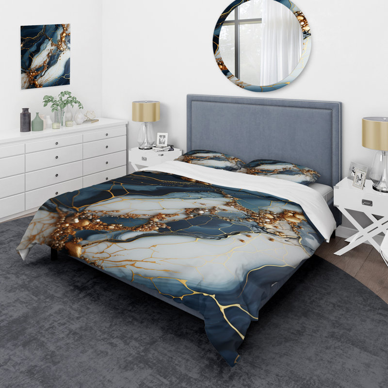 Ensemble de housse de couette Gold and Blue Geode Art III - Abstract, Housse de couette simple + 1 taie décorative stan