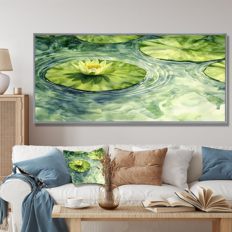 «Water Lotus Flower Tranquility At The Pond IV», impressions encadrées de lotus, Argent argent, H 28 po x l 60 po