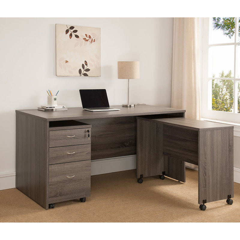 Bureau d'ordinateur en bois mobile pour la maison - Gris vieilli avec roues verrouillables et bureau à finition arrière gris, mouvement à quatre roues et panneau d'intimité