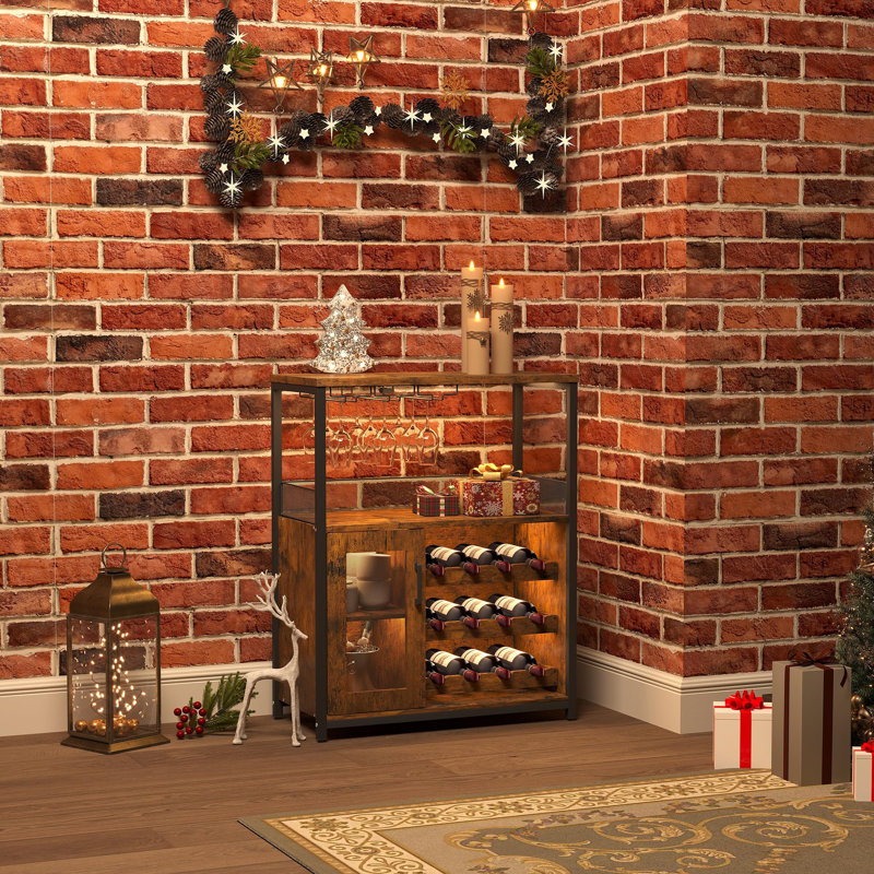 Coffee Bar Cabinet With Wine Rack And Glass Holder, Kitchen Sideboard Buffet Cabinet With Wine Rack Storage, Led Light, Brown