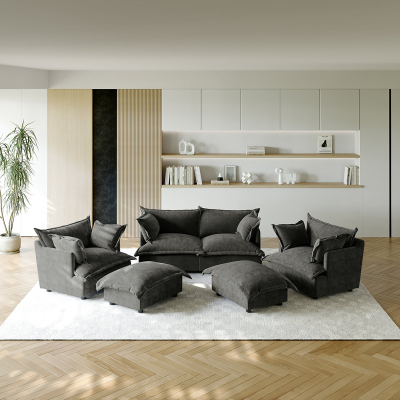 6 Seater Sectional, Dark Grey Chenille
