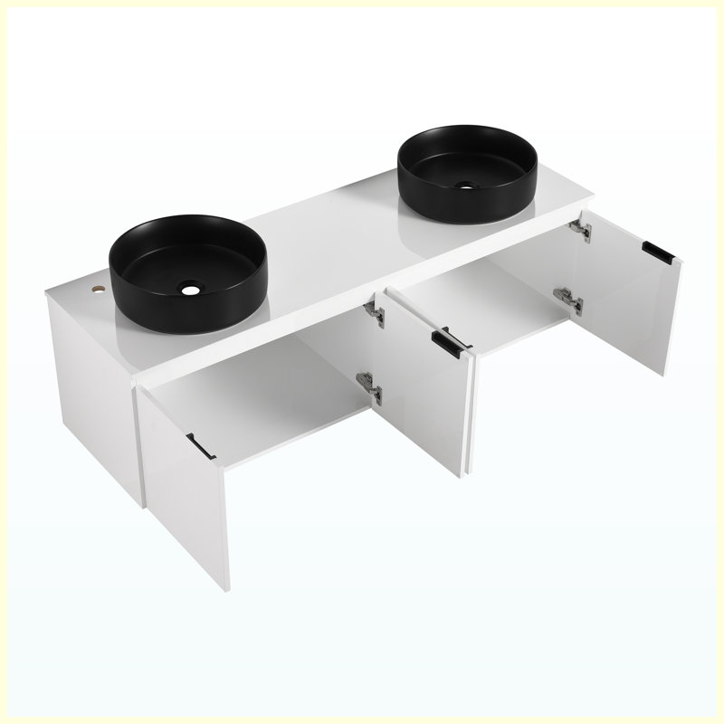 Meuble-lavabo suspendu de 152 cm (60 po) avec lavabo, porte d'armoire à fermeture amortie, blanc moderne