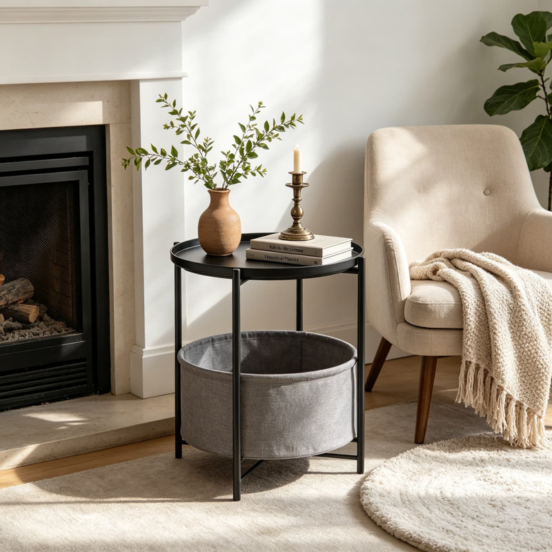 Petite table d'appoint ronde noire avec panier de rangement amovible et plateau de service, table d'appoint moderne pour salon, chambre d'enfant, structure en acier robuste et panier en tissu