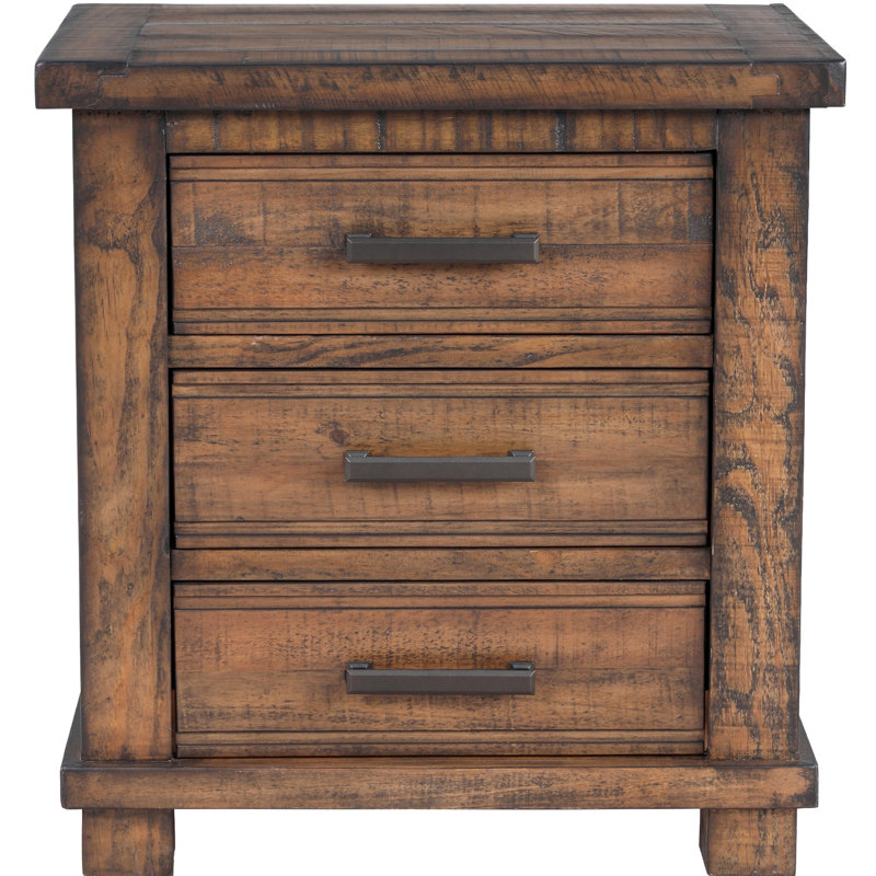 Table de chevet rustique à trois tiroirs, fabriquée à partir de pin récupéré et de poignées en bronze en bois massif