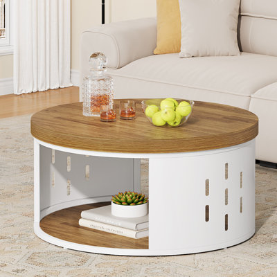 Table basse ronde à 2 niveaux avec tablette de rangement, plateau en bois rustique et structure en métal blanc, brun clair