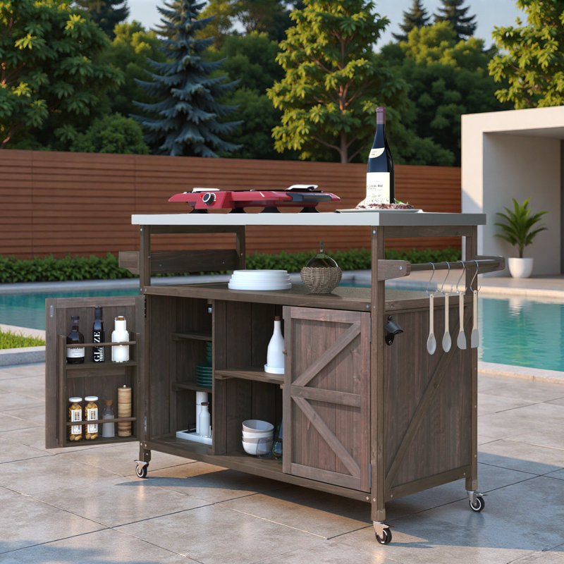 Îlot de cuisine extérieur avec armoire de rangement, plateau en acier inoxydable, support à épices et porte-serviettes