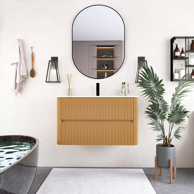 Meuble-lavabo flottant 36 po avec tiroirs en bois naturel, Bois naturel, 36"