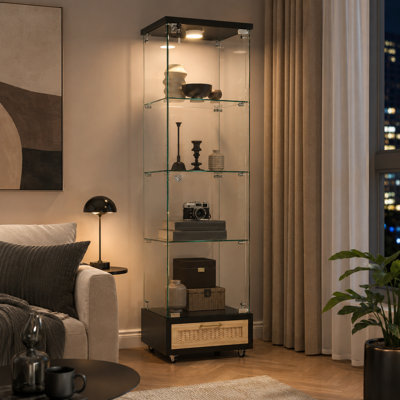 Vitrine en verre avec tiroir verrouillable, bibliothèque en verre trempé à 4 tablettes, éclairage à DEL à DEL, rangement moderne noir