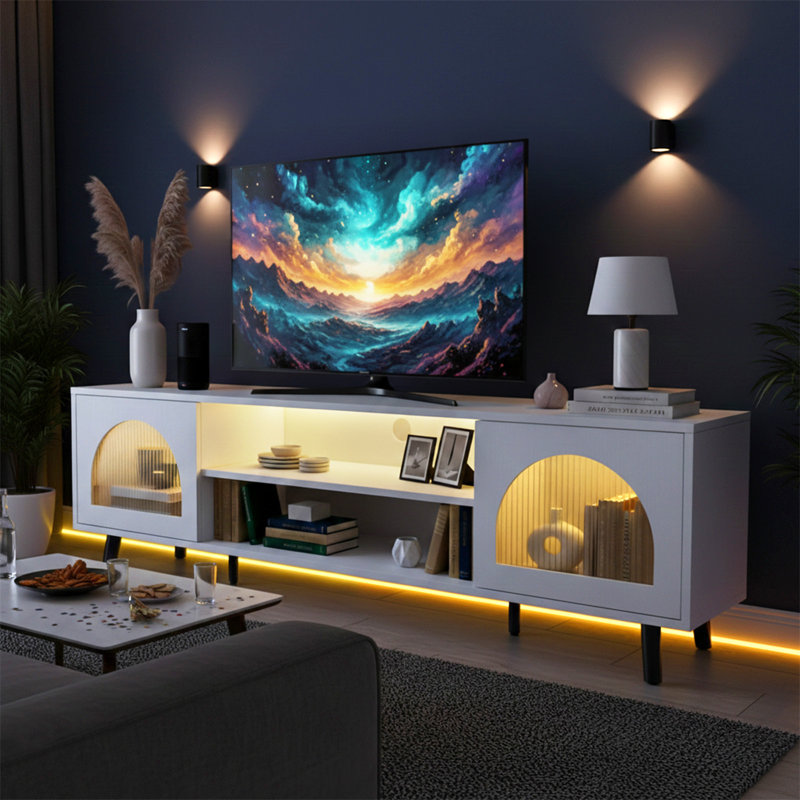 Meuble télé avec portes doubles en verre pour téléviseur de 70 po, Blanc