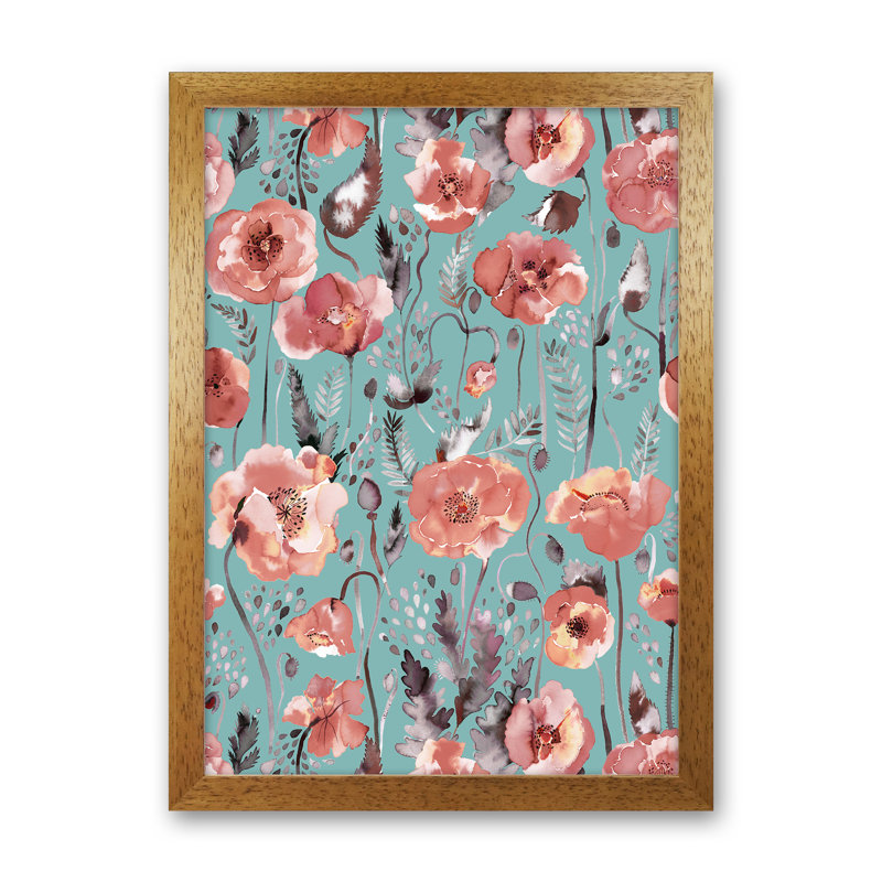 Poppies Red Green - Print, Brown Framed, 46cm H x 34cm W x 3cm D