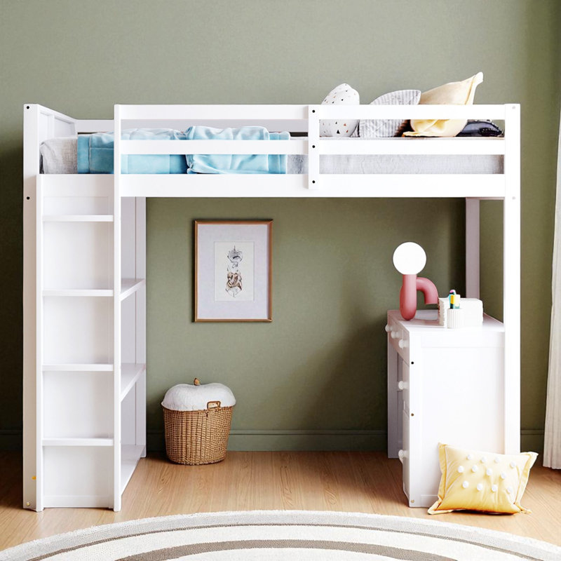 Loft Bed With Built-In Desk And Storage, White, Full