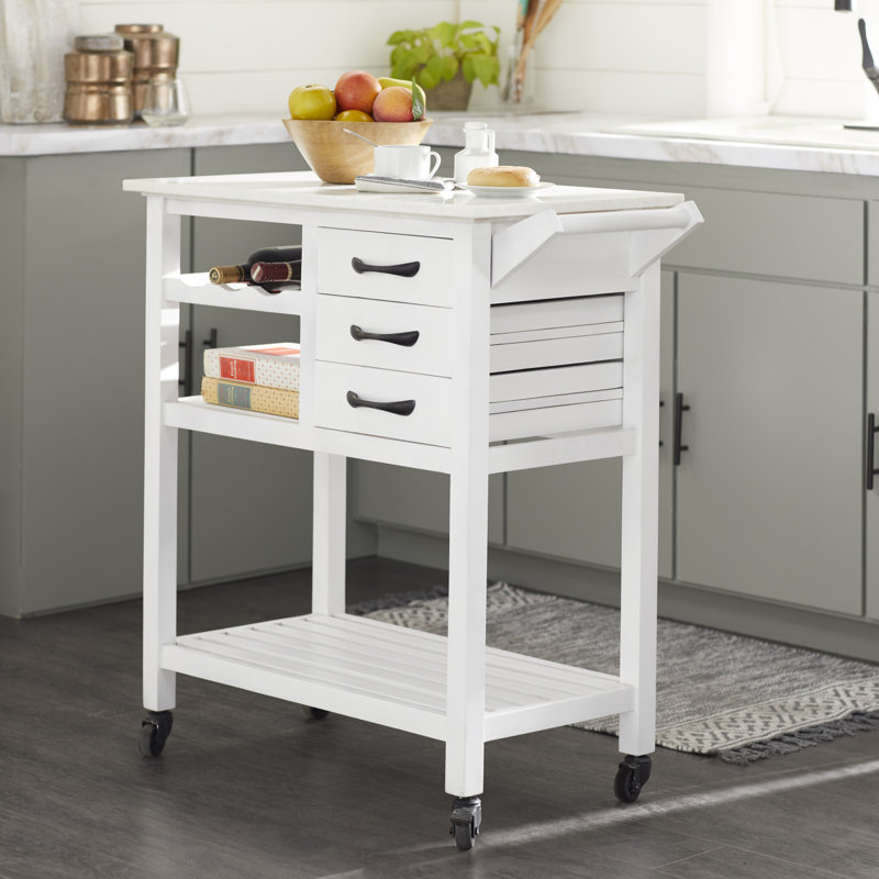 Wood Rolling 4 Drawer and 2 Shelf Kitchen Cart with Black Metal Handles and Marble Top, White, 35.5" H x 45.5" W x 20.5" D