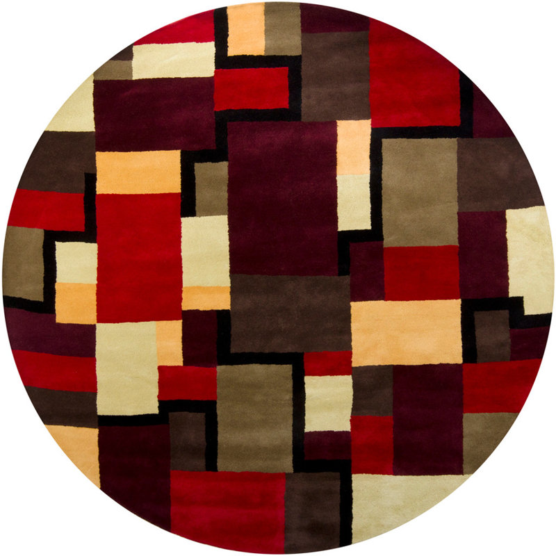 Clovie Authentic Hand-Tufted Handmade Red, Brown, Beige & Black Modern Color Block Geometric Wool Area Rug, Round 7'9"