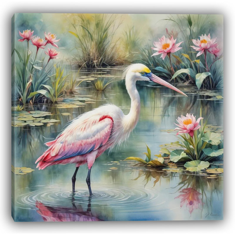 Lotus Grace: toile héron rose parmi les fleurs, 20" H x 20" W