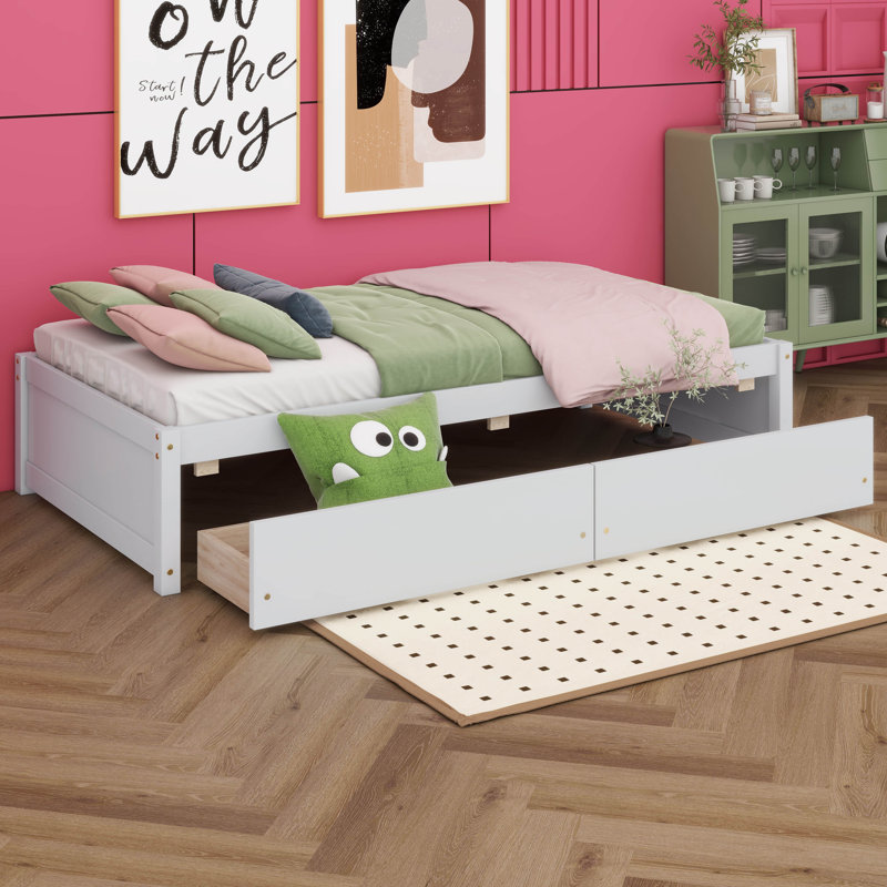 Lit simple avec 2 tiroirs, bois massif, sans sommier, Blanc