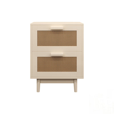 Rattan Nightstand with 2 Faux Rattan-Decorated Drawers, Wood End Table for Bedroom and Living Room Storage