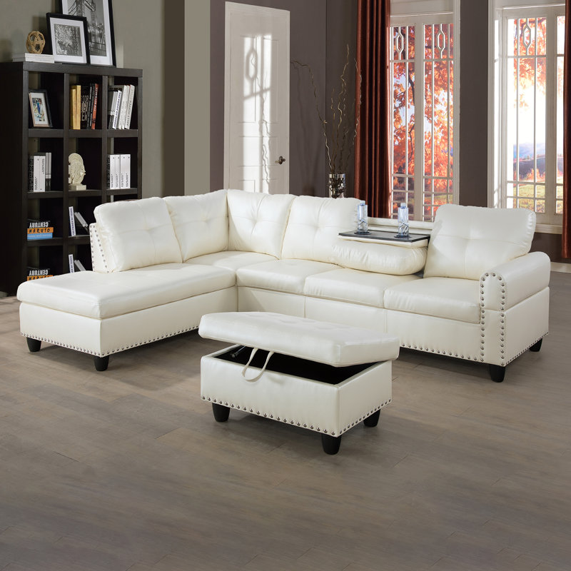 Aamanah 97"Faux Leather Sectional with Ottoman, White Faux Leather, Left Hand Facing