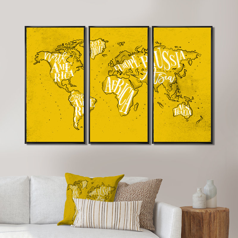 Carte du monde vintage rétro - cartes murales sur toile, ensemble de 3, H 28 po x l 36 po x P 1 po, Noir