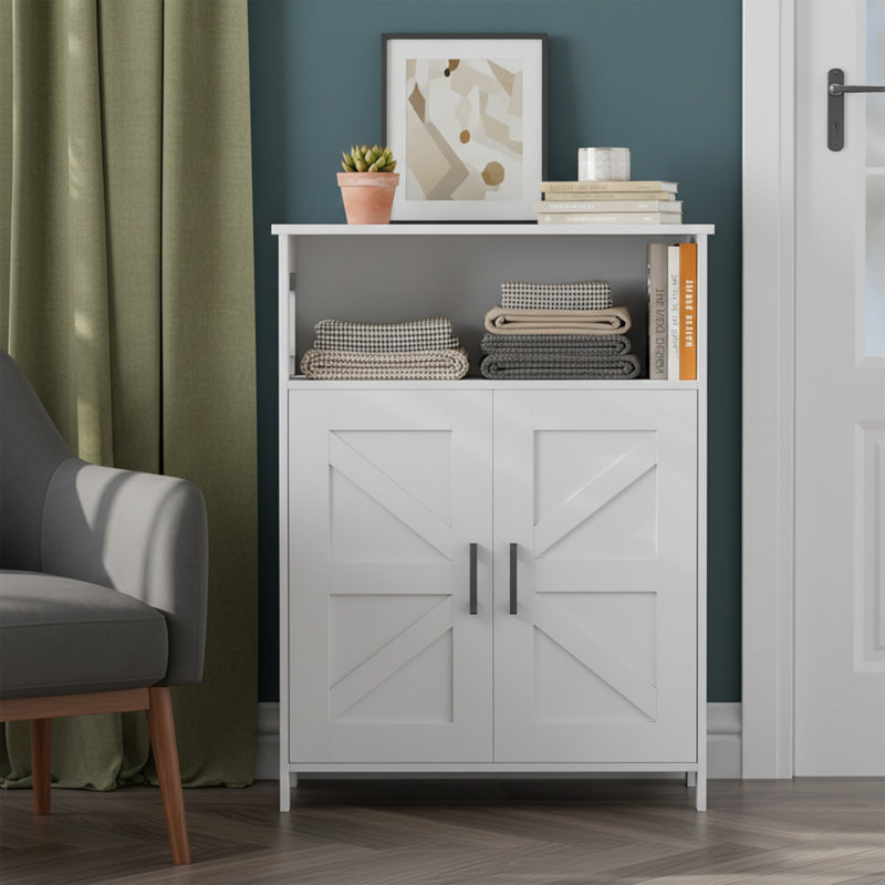 23.6" Wide Farmhouse Bathroom Storage Cabinet With Adjustable Shelves And Barn Doors - White, White