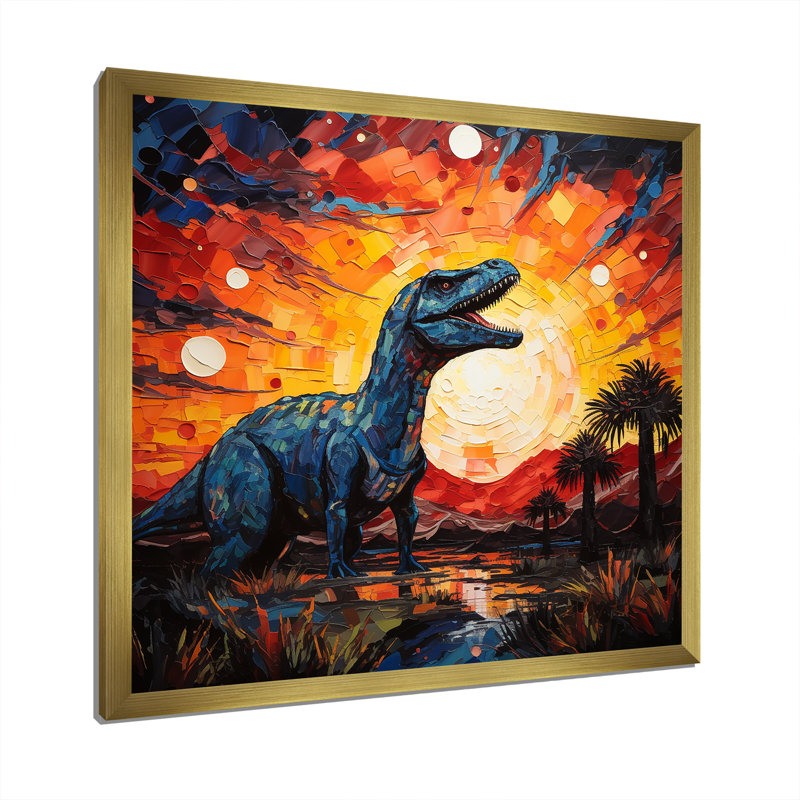 Coucher de soleil de dinosaure rouge et jaune II - art de mur de dinosaure, H 30 po x l 30 po x P 1,5 po, Cadre doré simple