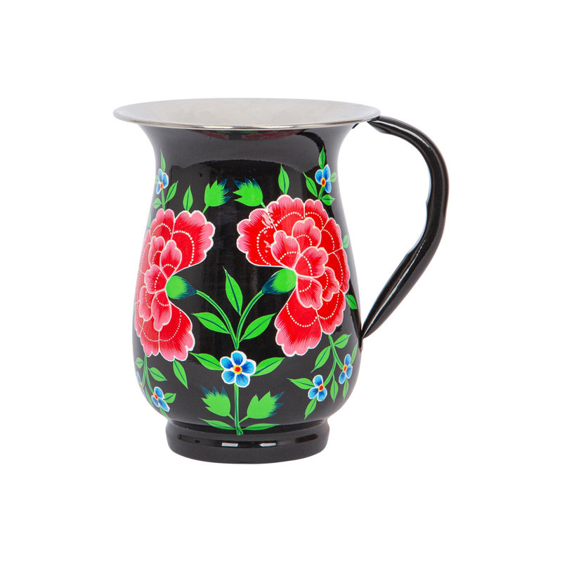 East Urban Home Hand-Painted Picnic Water Jug - 1.7L - Raspberry Peony, Black