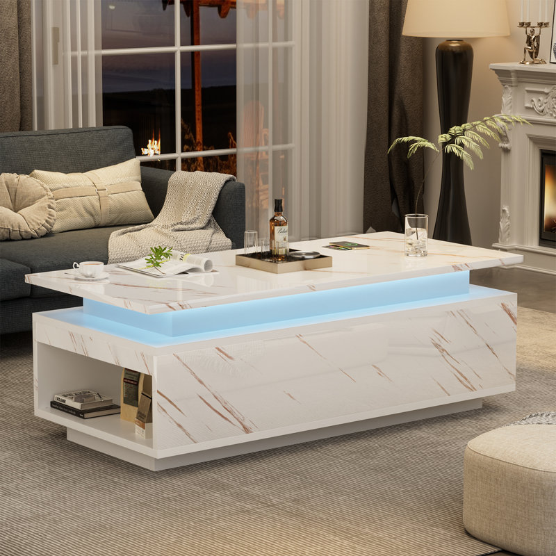 Modern LED Coffee Table, 47.2-Inch Coffee Table With Wireless Charging And Speaker, Large Storage Space, High Glossy Coffee Table For Living Room, Bedroom